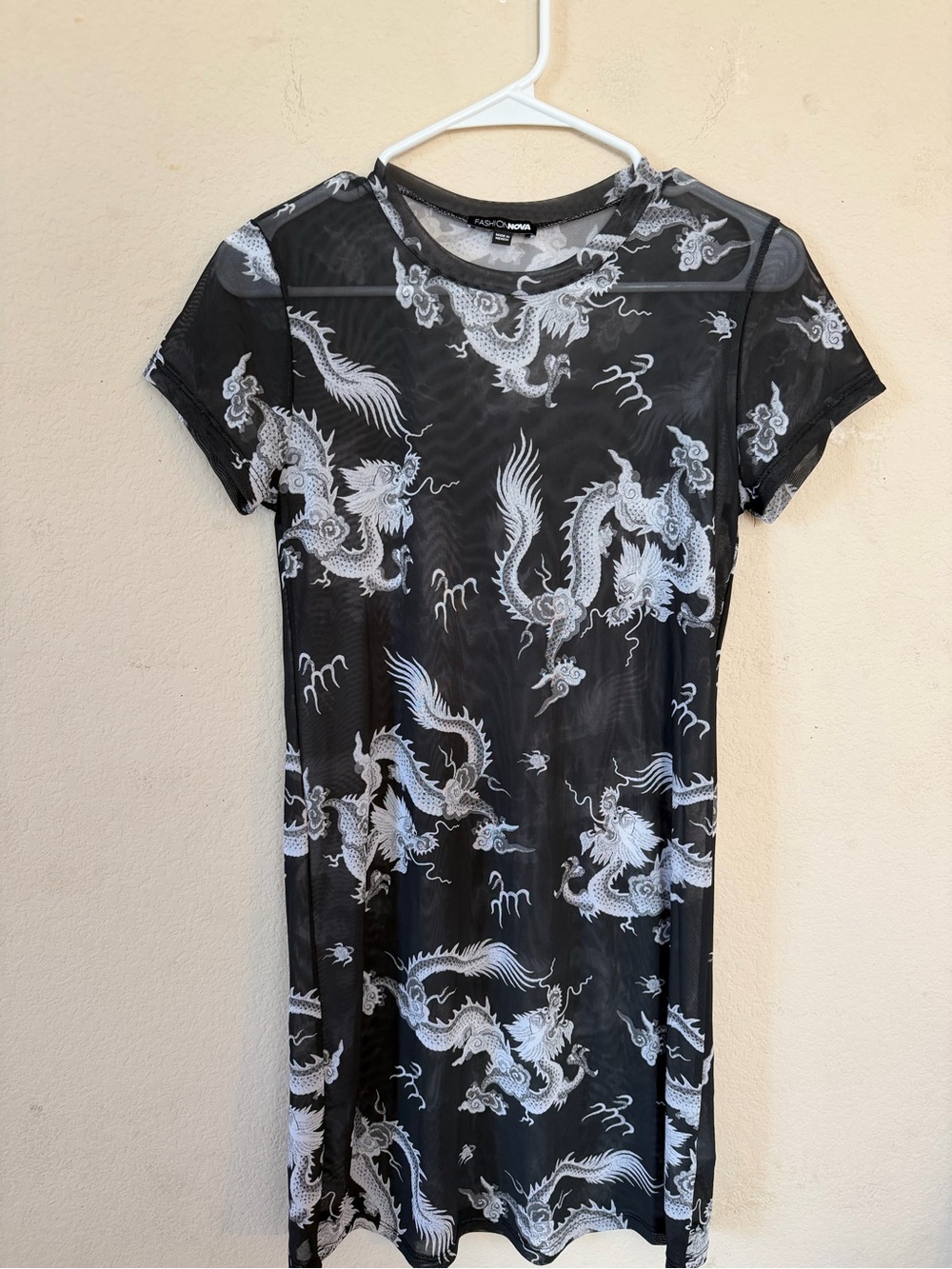 Fashion Nova Black Mesh Dragon Print Short Sleeve Dress
